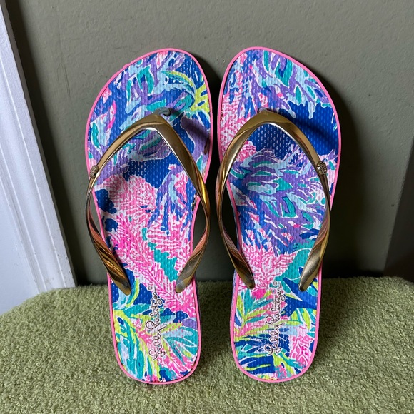 Lilly Pulitzer Shoes - Lilly Pulitzer Pink and Blue Flip Flops with Gold Straps